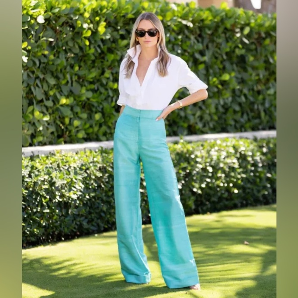 Julia Amory Wide-Leg Linen-Blend Pants in Aqua
